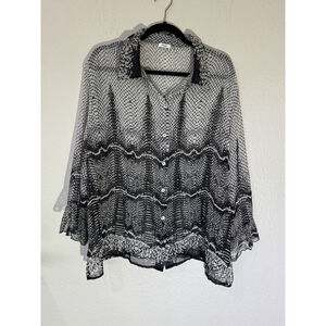 Snakeskin Sheer Button Down Blouse Black And White Animal Print Flowy Boho Top